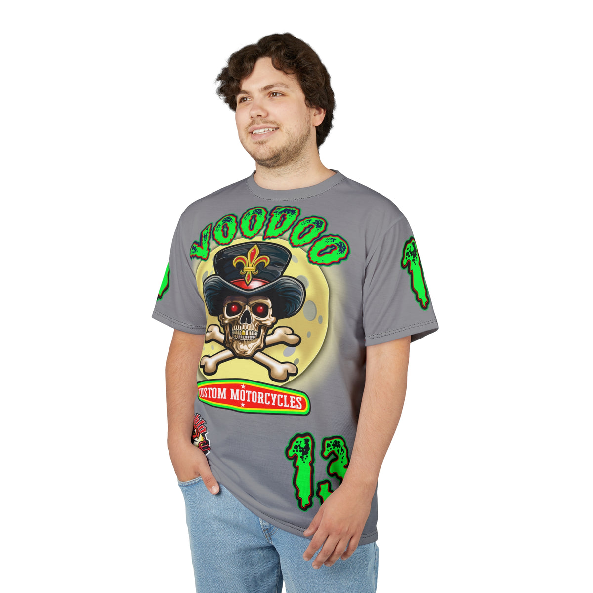 Voodoo Lucky 13 Motorcycles HiViz Grey Ghost Super Tee, Unique Graphic Tee, Custom Riding Apparel
