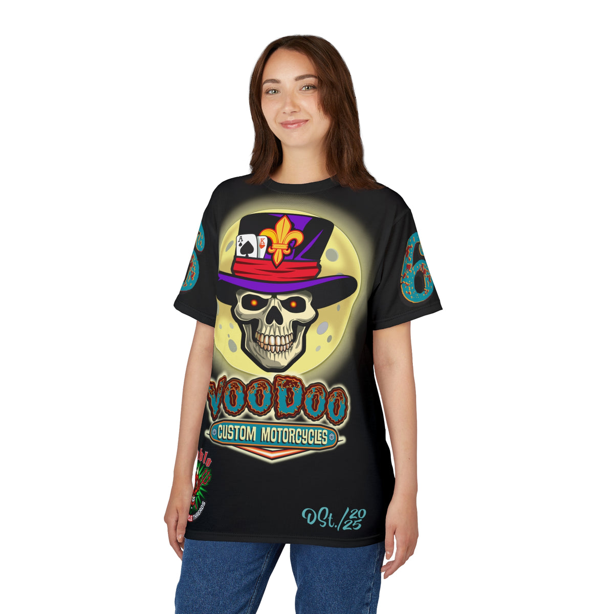 Voodoo Custom Motorcycles Ragin' Cajun Super Tee - Edgy Skull Design for Motorcycle Enthusiasts