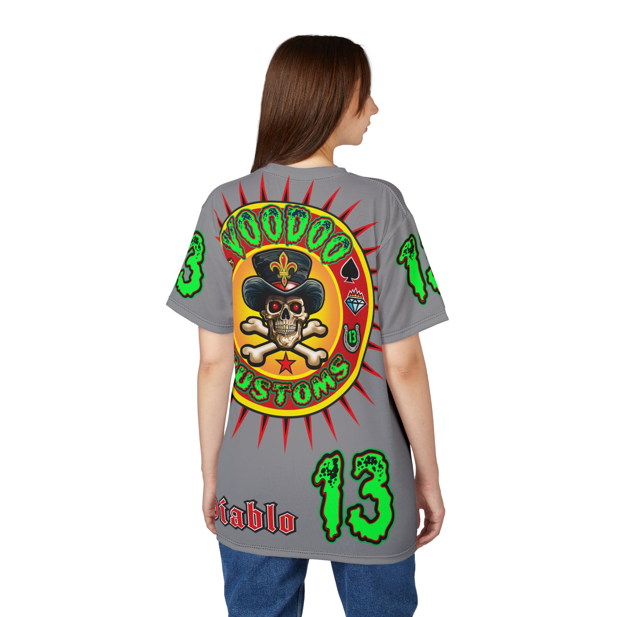 Voodoo Lucky 13 Motorcycles HiViz Grey Ghost Super Tee, Unique Graphic Tee, Custom Riding Apparel