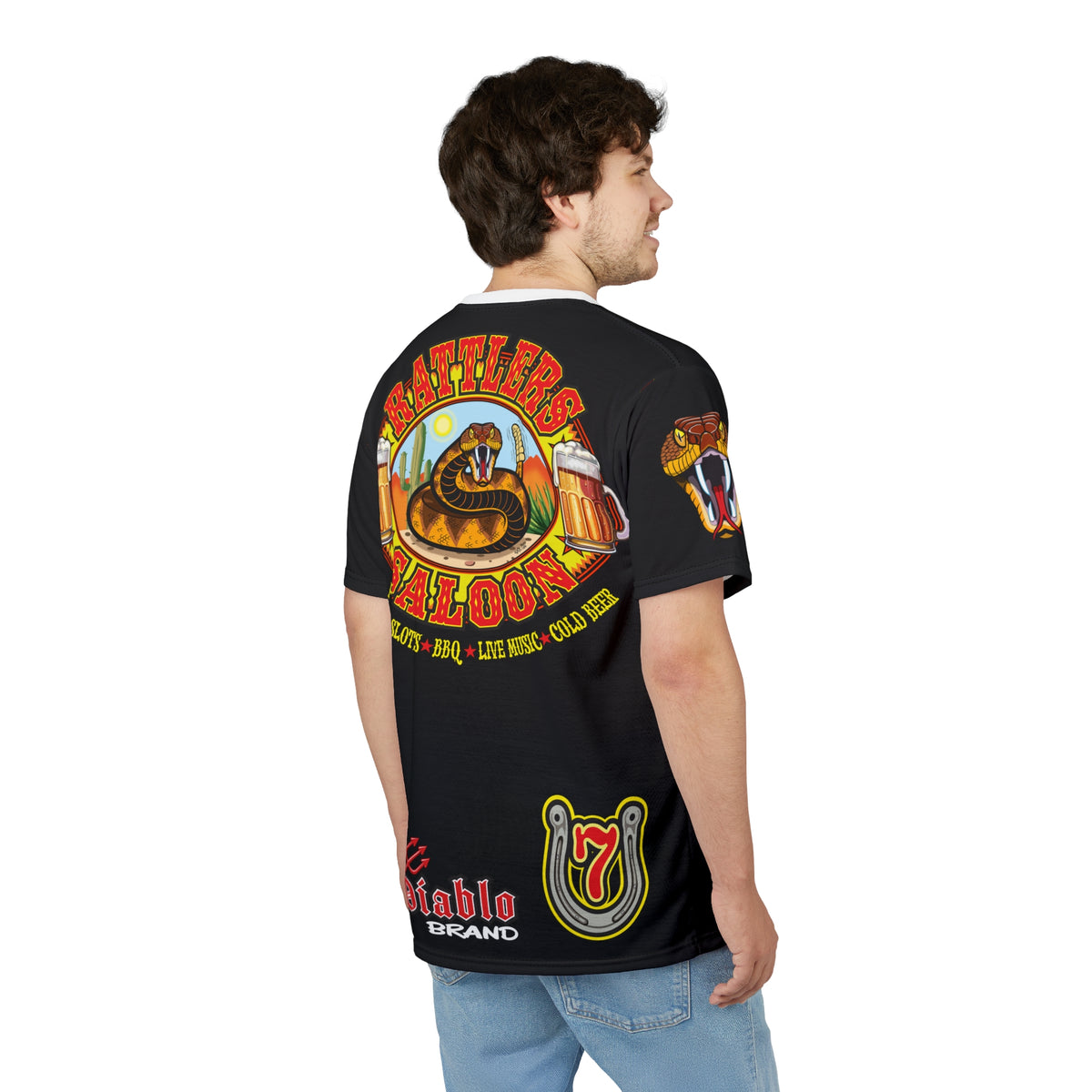 Rattlers Saloon  BADAZZ BLACK SUPER RIDING TEE — Vintage Biker LUCKY 7 Graphic Shirt