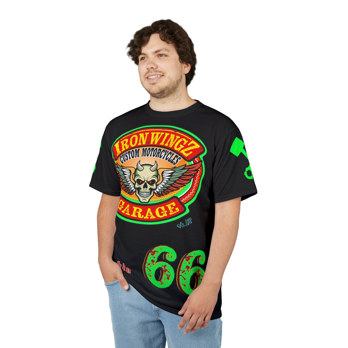 Iron Wingz Custom Motorcycles Super Tee - Badazz Harley Riding HiViz Tee