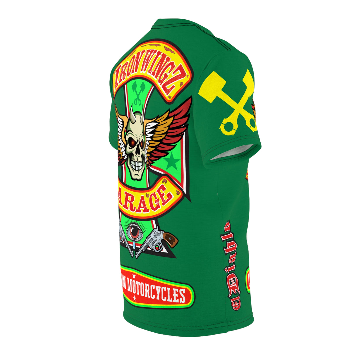Iron Wingz Garage HiViz Tee, Vuntage Graphic Logo, Rockabilly Style Shirt for Bikers