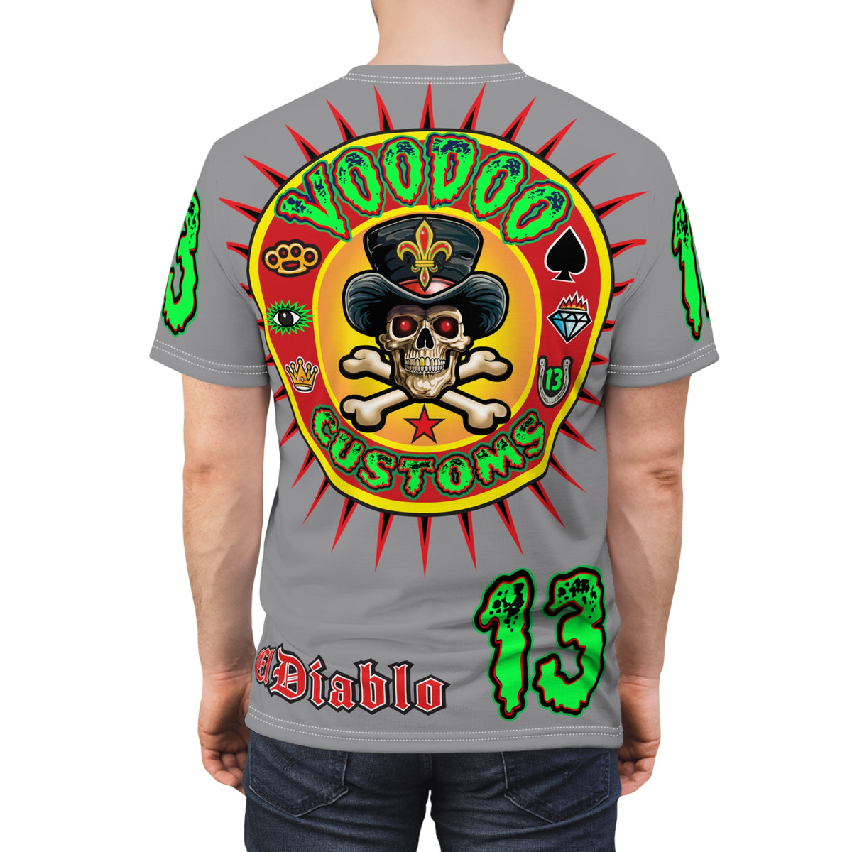 Voodoo Lucky 13 Motorcycles HiViz Grey Ghost Super Tee, Unique Graphic Tee, Custom Riding Apparel