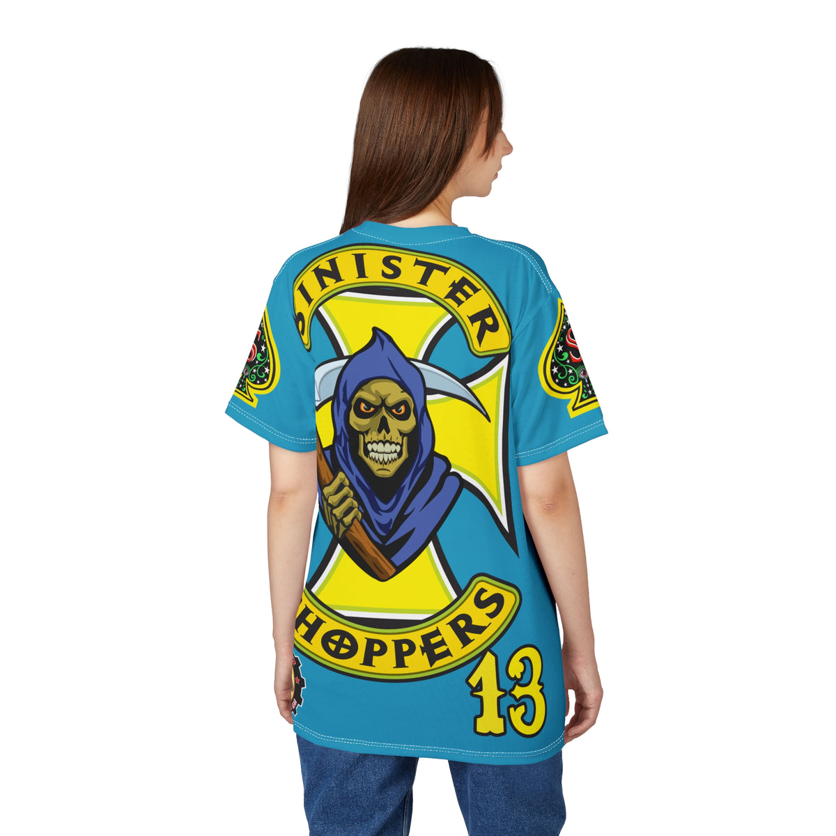 Sinister Choppers Customs - Electric Blue HiViZ Motorcycle Reaper Super Tee - High Performance Riding Wear