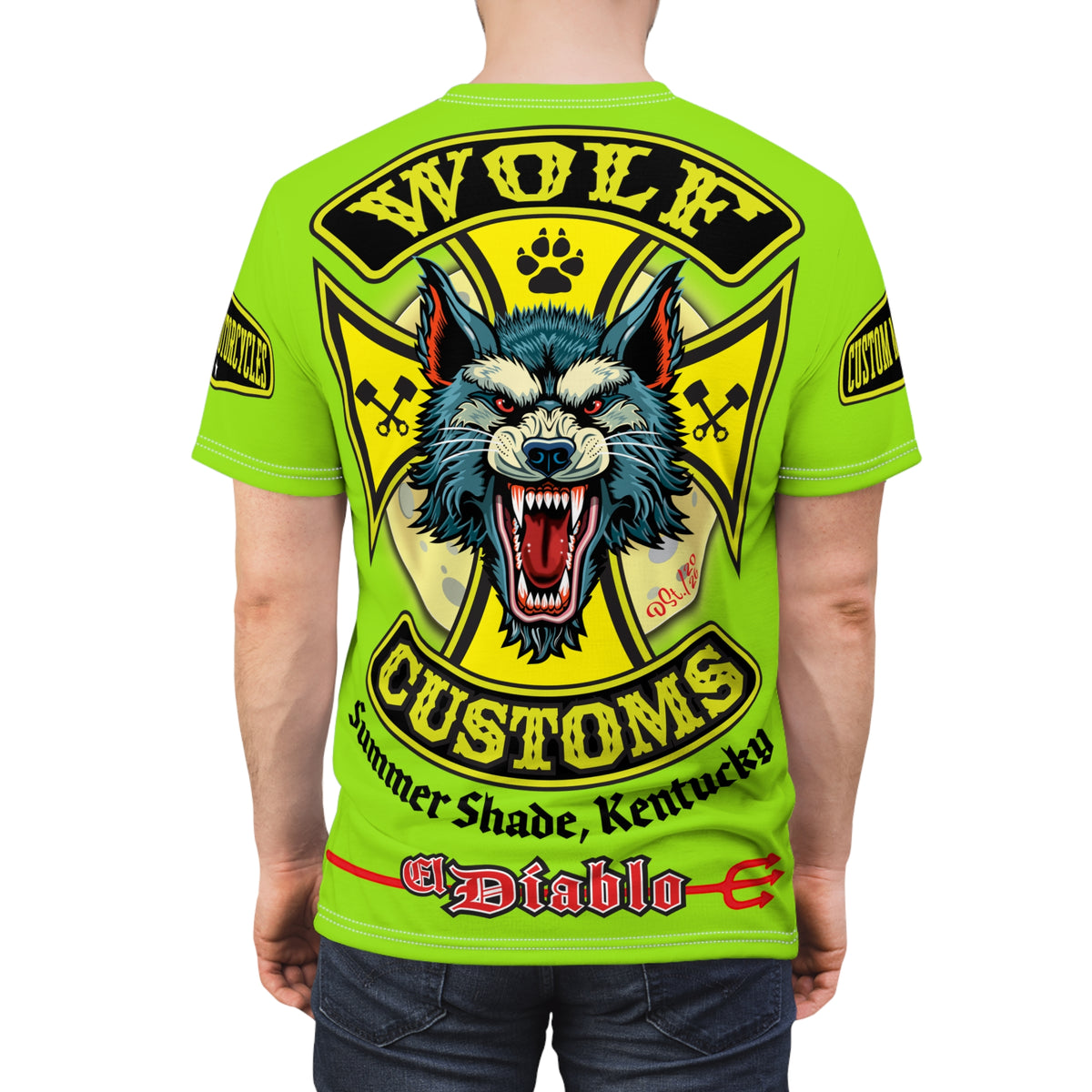 VERY SPECIAL MWT Wolf Customs HiViZ Lumina Green with XL Graphics Super Tee —  The Best Biker Riding Tee EVER !!!