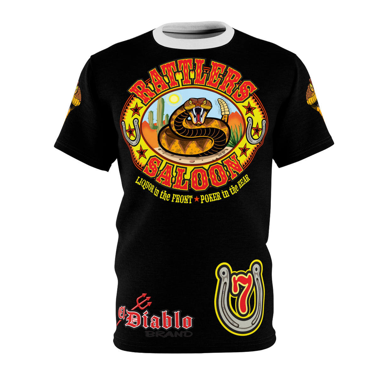 Rattlers Saloon  BADAZZ BLACK SUPER RIDING TEE — Vintage Biker LUCKY 7 Graphic Shirt