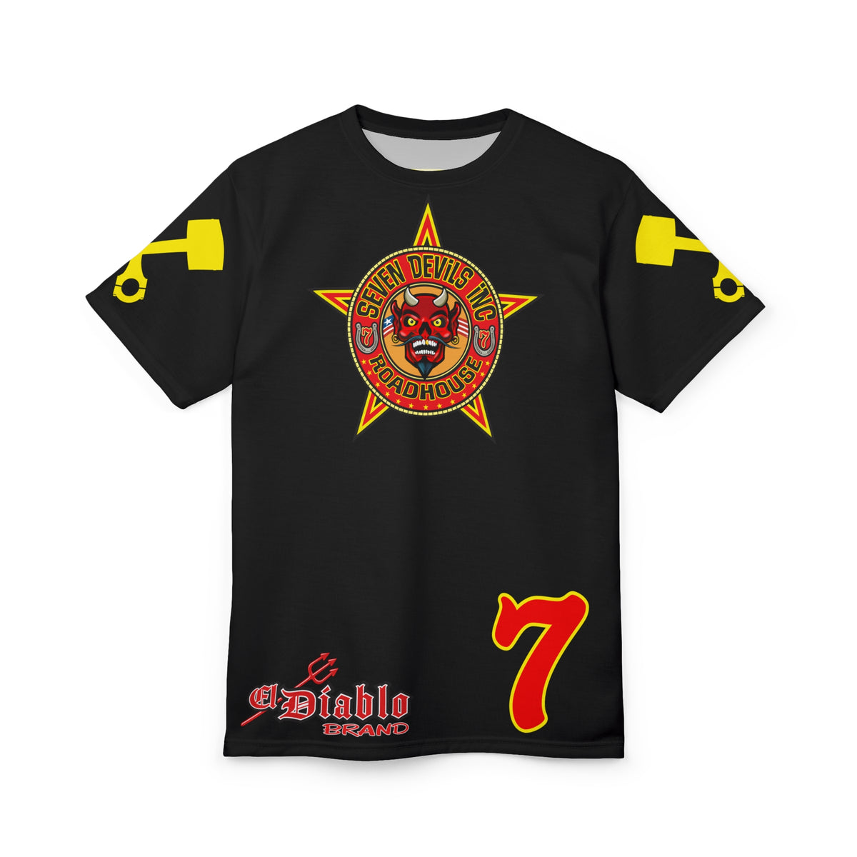 SRT Seven Devils RoadHouse Custom Biker Riding Super Tee - Retro Devil Western Style Graphic Style