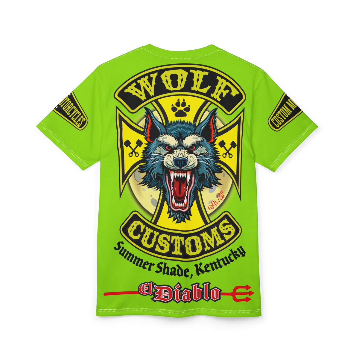 VERY SPECIAL MWT Wolf Customs HiViZ Lumina Green with XL Graphics Super Tee —  The Best Biker Riding Tee EVER !!!