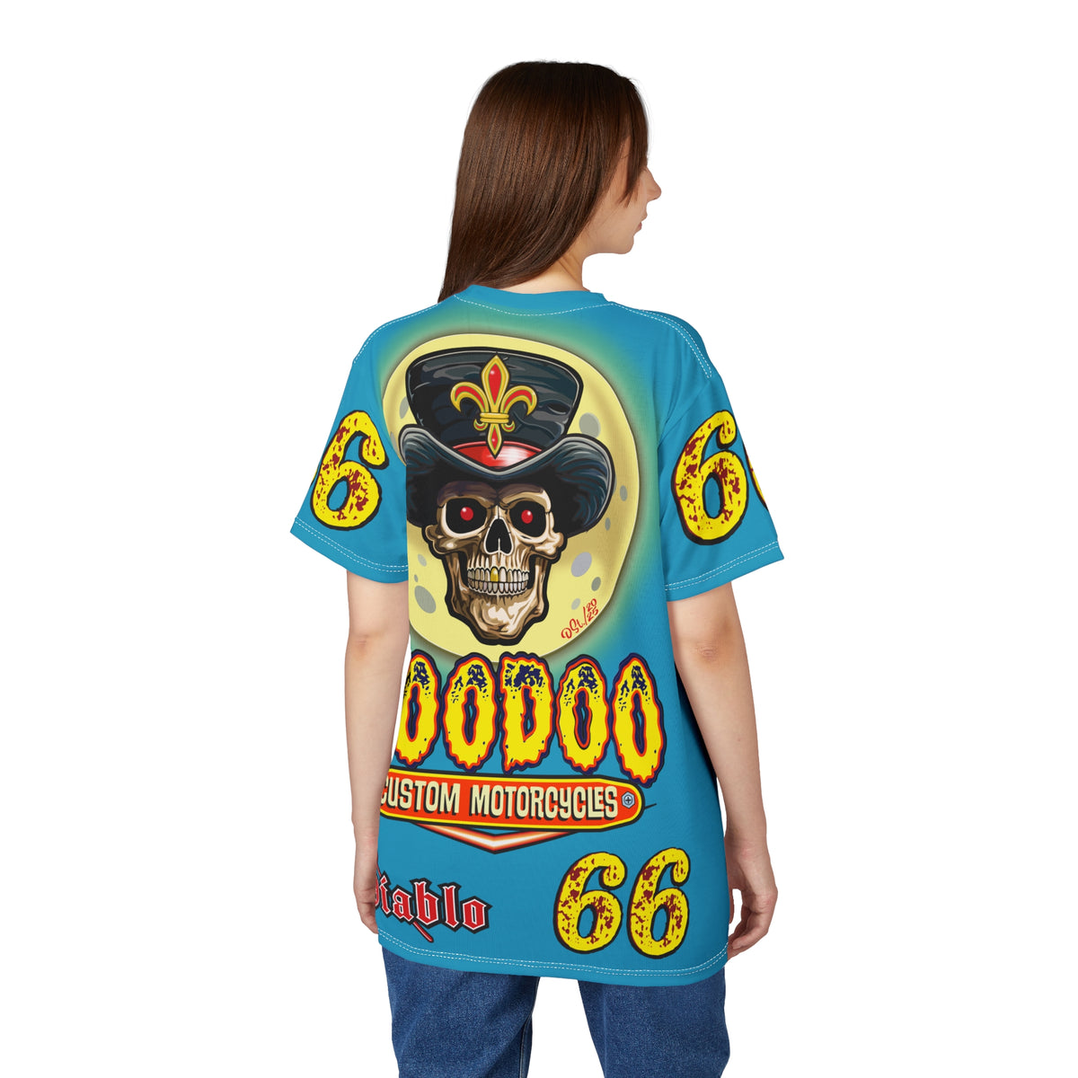 Voodoo Custom Motorcycles Electric Blue Unisex HiViz Tee, Edgy Graphic Shirt, Motorcycle Apparel, Skull T-Shirt, Perfect for Bikers