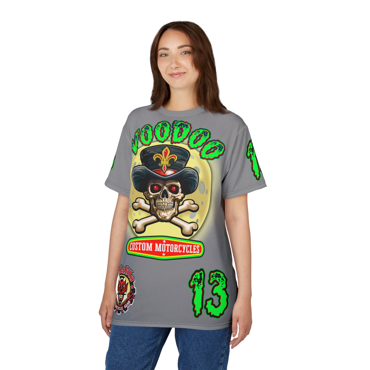 Voodoo Lucky 13 Motorcycles HiViz Grey Ghost Super Tee, Unique Graphic Tee, Custom Riding Apparel