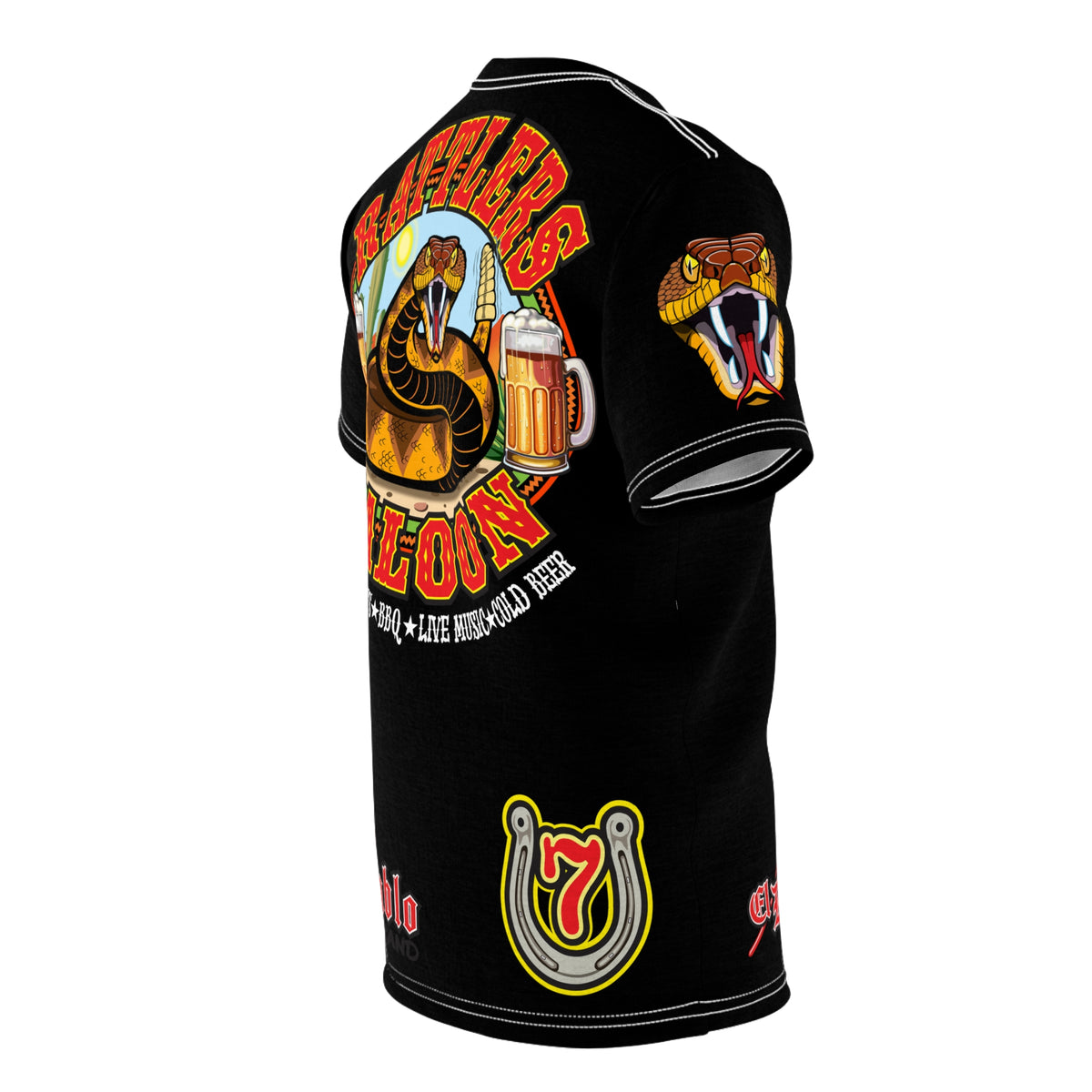 SRT Rattlers Saloon  BADAZZ BLACK SUPER RIDING TEE — Vintage Biker Lucky 7 Graphic Shirt