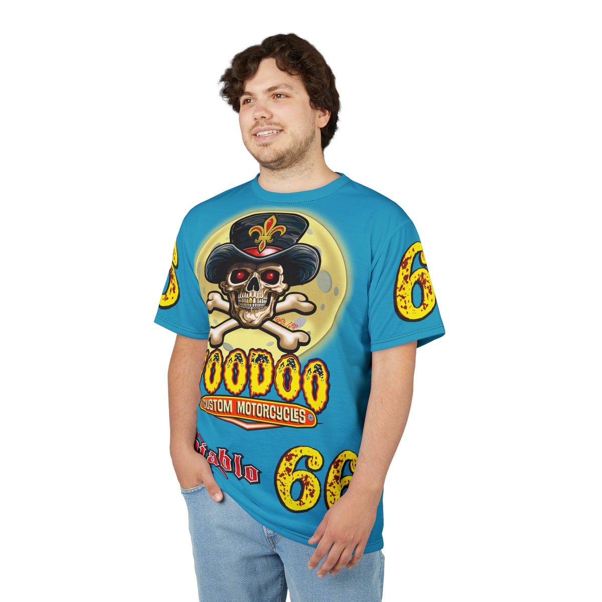 Voodoo Custom Motorcycles Electric Blue Unisex HiViz Tee, Edgy Graphic Shirt, Motorcycle Apparel, Skull T-Shirt, Perfect for Bikers