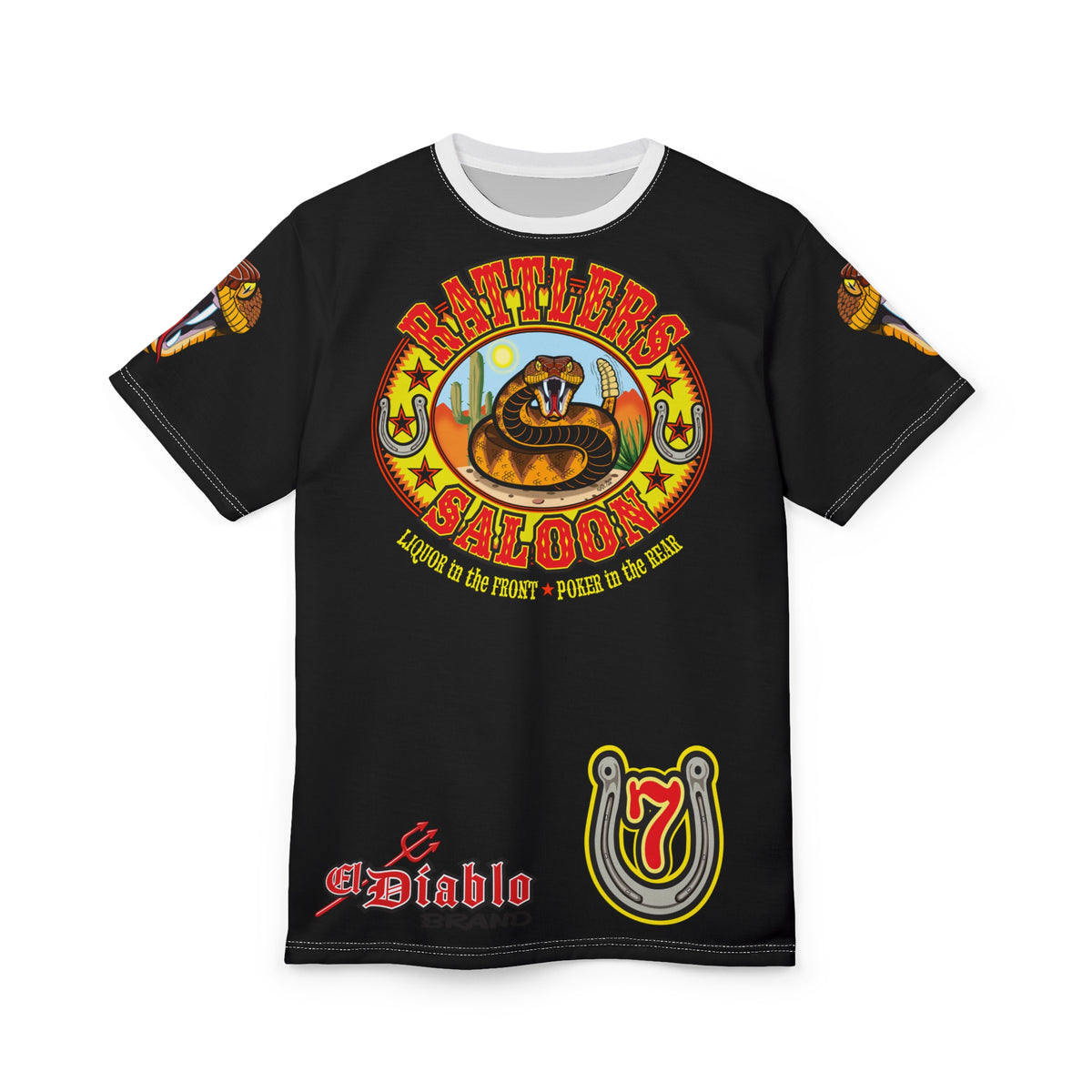 Rattlers Saloon  BADAZZ BLACK SUPER RIDING TEE — Vintage Biker LUCKY 7 Graphic Shirt