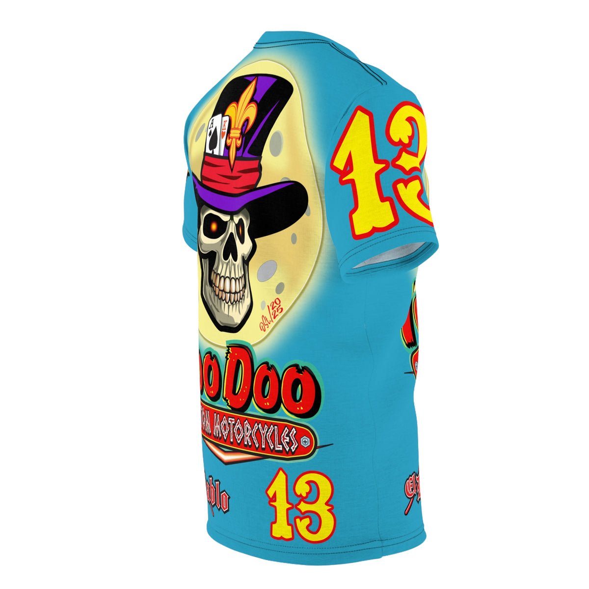 VooDoo Custom Motorcycles Electric Blue HiViz Graphics Biker Tee