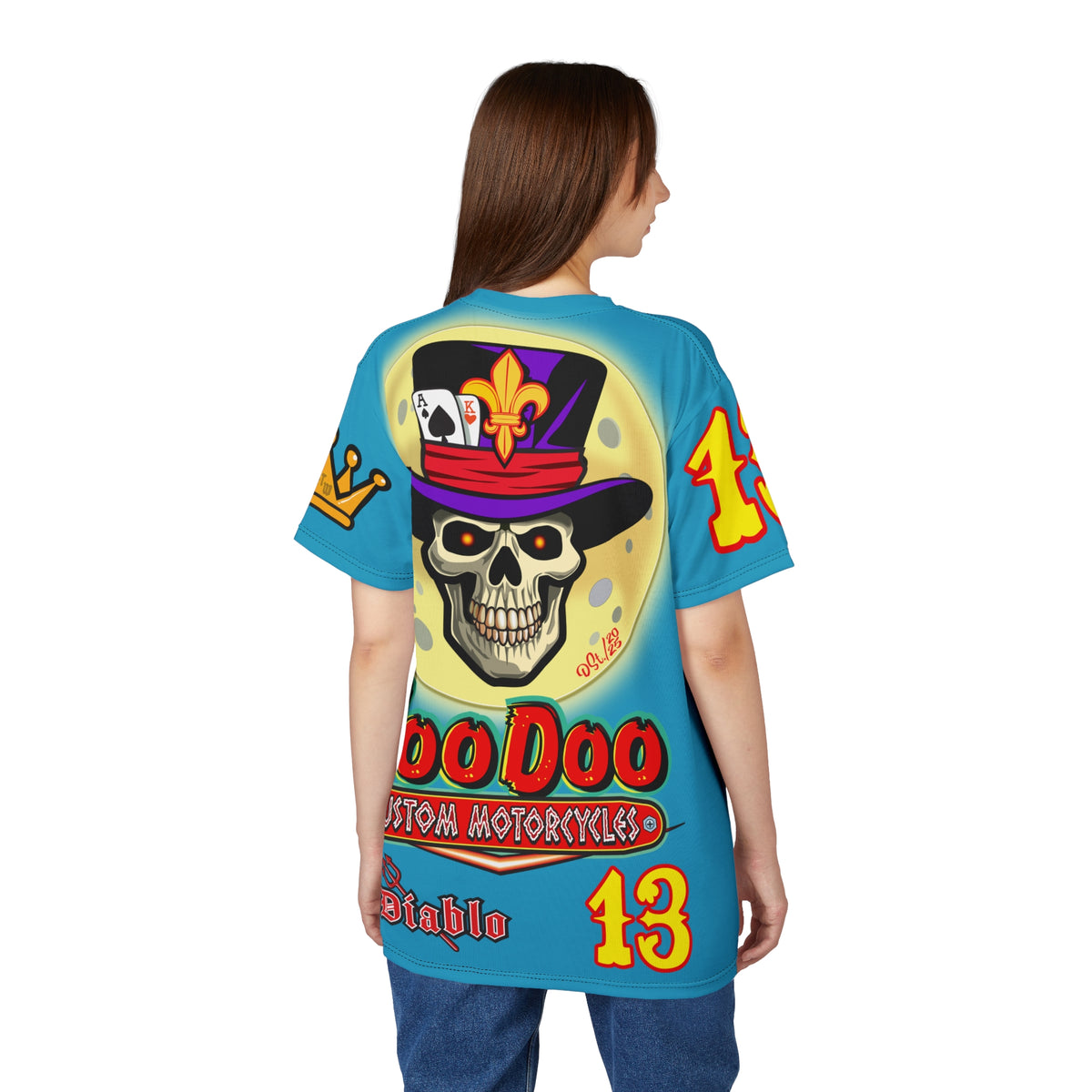 VooDoo Custom Motorcycles Electric Blue HiViz Graphics Biker Tee