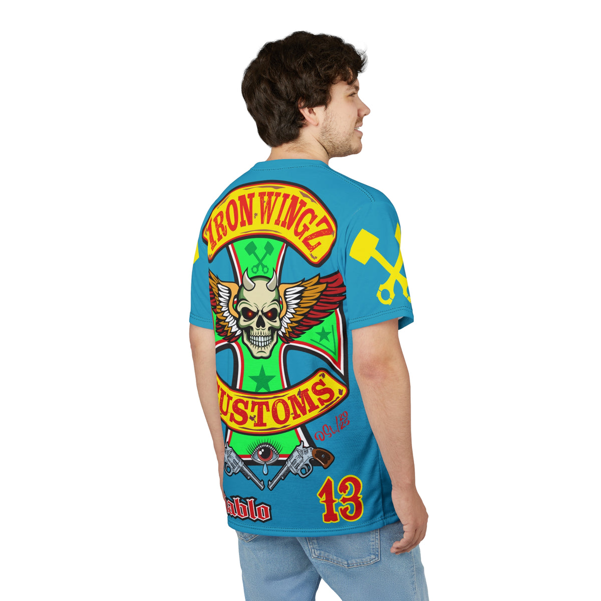 Iron WingZ Customs Electric Blue HIviz Graphic Super Tee, Edgy Streetwear, Customized Apparel, Gift for Bikers