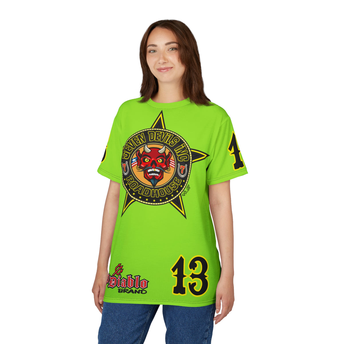 Very Special Seven Devils Inc. Roadhouse HiViZ Super Tee — Extreme Edgy Graphics - Bad Attitude Custom Biker Riding Gear