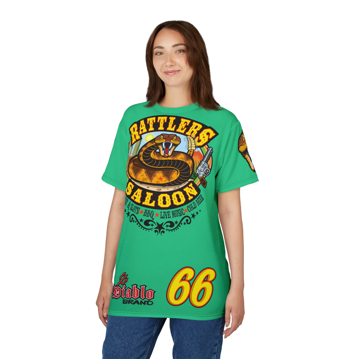 Rattlers Saloon Snake Logo Tee — Vintage Biker 66 Graphic Shirt