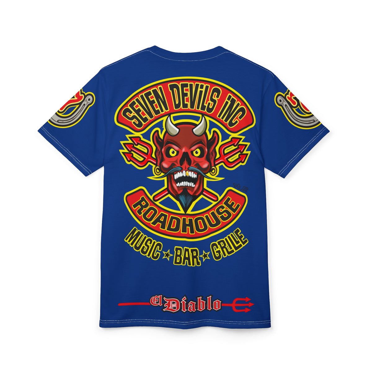 Seven Devils Inc. Roadhouse Electric Blue HiViz Design Super Tee, Edgy Biker Shirt, Special Motorcycle Riding Gear, Seven Devils Inc.
