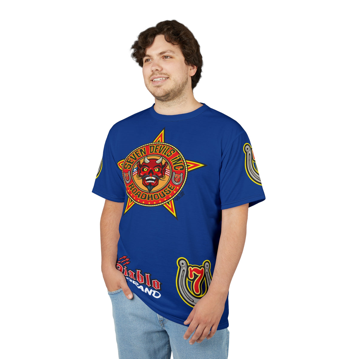 Seven Devils Inc. Roadhouse Electric Blue HiViz Design Super Tee, Edgy Biker Shirt, Special Motorcycle Riding Gear, Seven Devils Inc.
