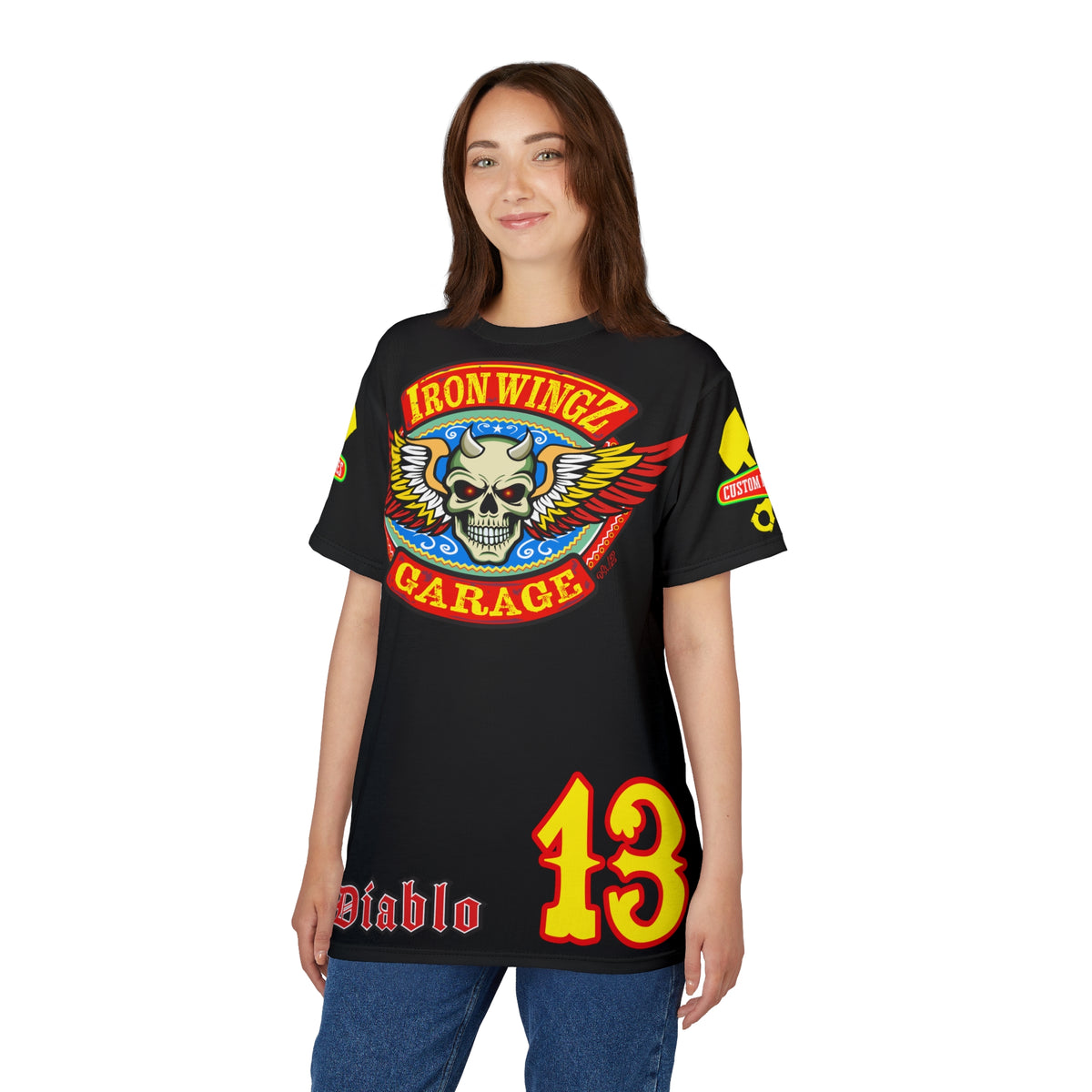 Iron Wingz Garage HiViz Tee, Vintage Graphic Logo, Rockabilly Style Shirt for Bikers
