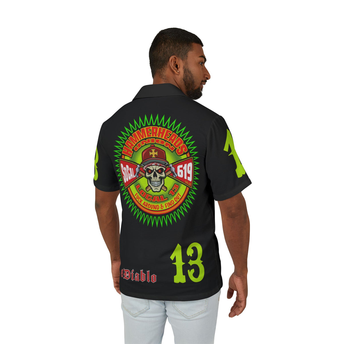 Big Bopper Hammerheads Union 13 - Men's Hawaiian Camp Shirt with Bold Graphics,  Cool Loose Biker Shirt for Riding & Partying