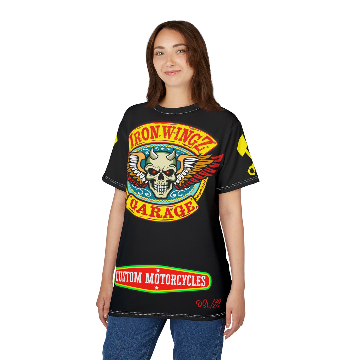 Iron Wingz Garage HiViz Tee, Vuntage Graphic Logo, Rockabilly Style Shirt for Bikers