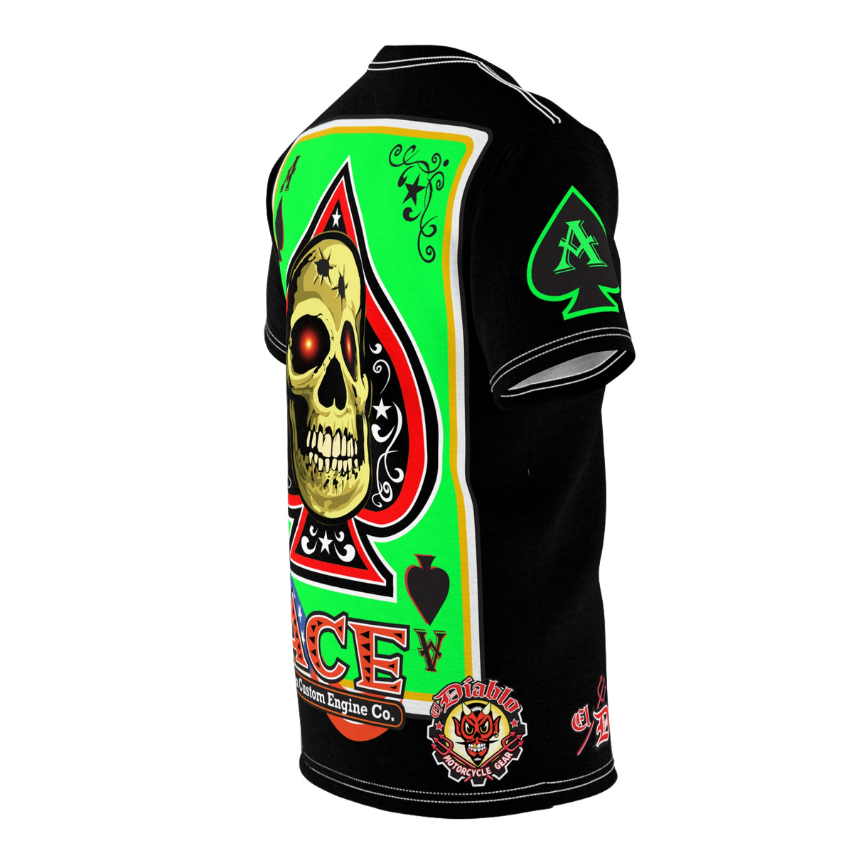 American Custom Engines ACE - HiViz Custom Riding Tee - Features Full Back Lumina Green Ace of Spades