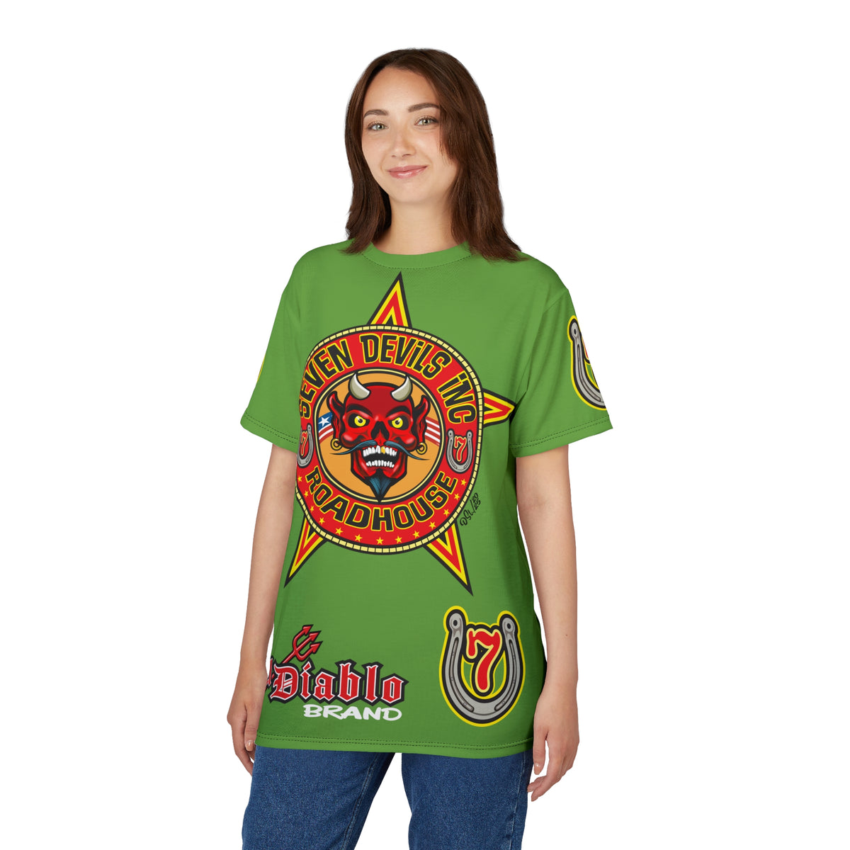 Seven Devils Inc. Roadhouse Electric Blue HiViz Design Super Tee, Edgy Biker Shirt, Special Motorcycle Riding Gear, Seven Devils Inc.