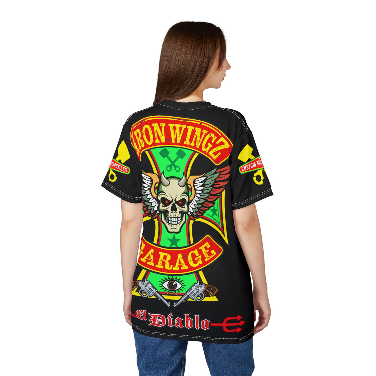 Iron Wingz Garage HiViz Tee, Vintage Graphic Logo, Rockabilly Style Shirt for Bikers