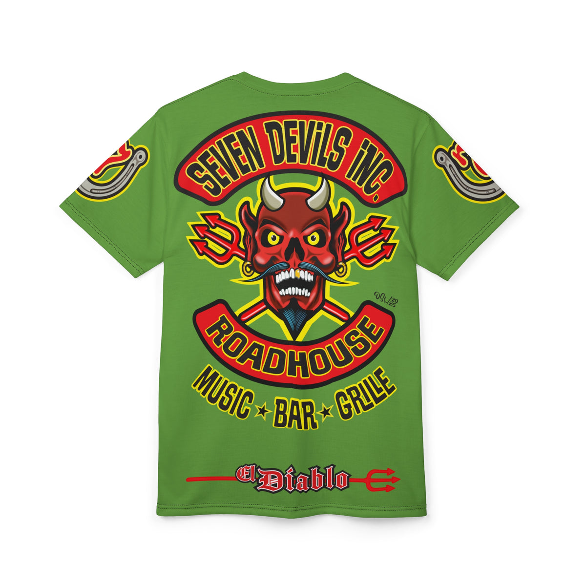 Seven Devils Inc. Roadhouse Electric Blue HiViz Design Super Tee, Edgy Biker Shirt, Special Motorcycle Riding Gear, Seven Devils Inc.