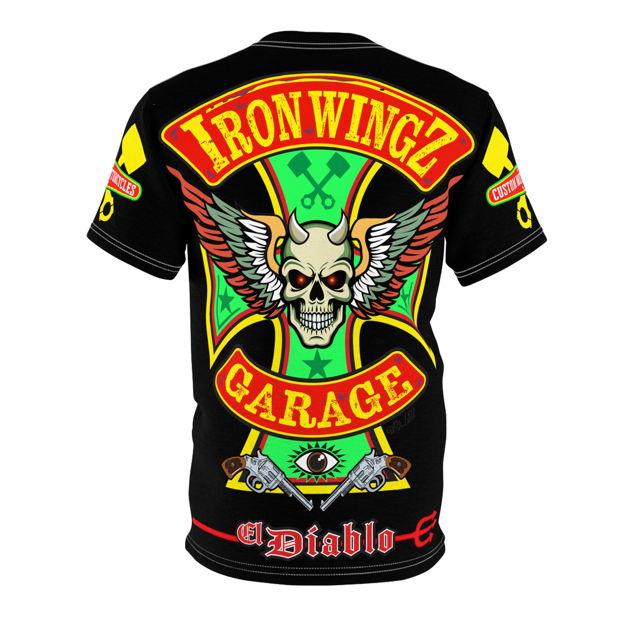 Iron Wingz Garage HiViz Tee, Vintage Graphic Logo, Rockabilly Style Shirt for Bikers