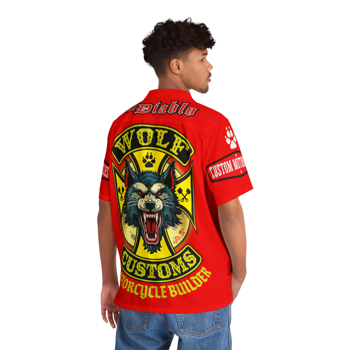 Big Bopper MWT Wolf Customs Motorcycle Hawaiian Shirt - Red "El Diablo" AOP