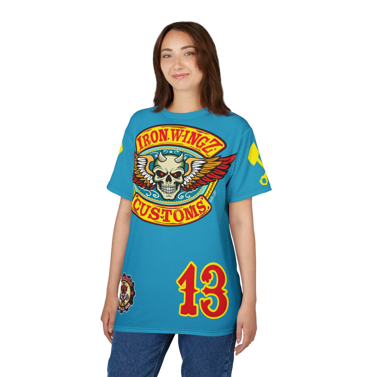 Iron WingZ Customs Electric Blue HIviz Graphic Super Tee, Edgy Streetwear, Customized Apparel, Gift for Bikers