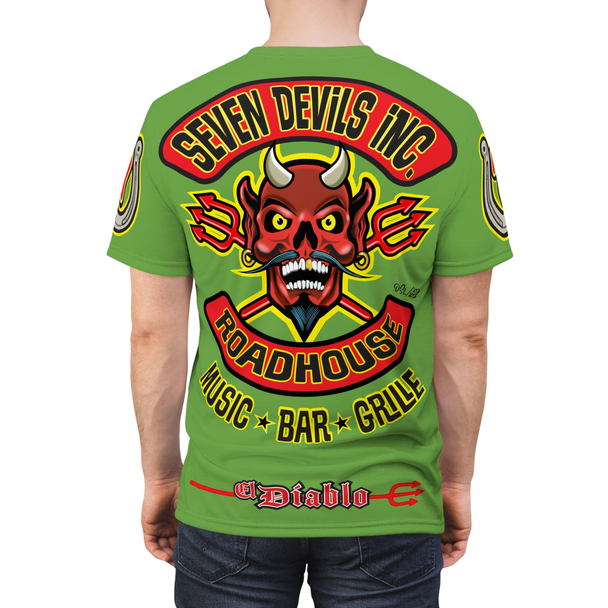 Seven Devils Inc. Roadhouse Electric Blue HiViz Design Super Tee, Edgy Biker Shirt, Special Motorcycle Riding Gear, Seven Devils Inc.