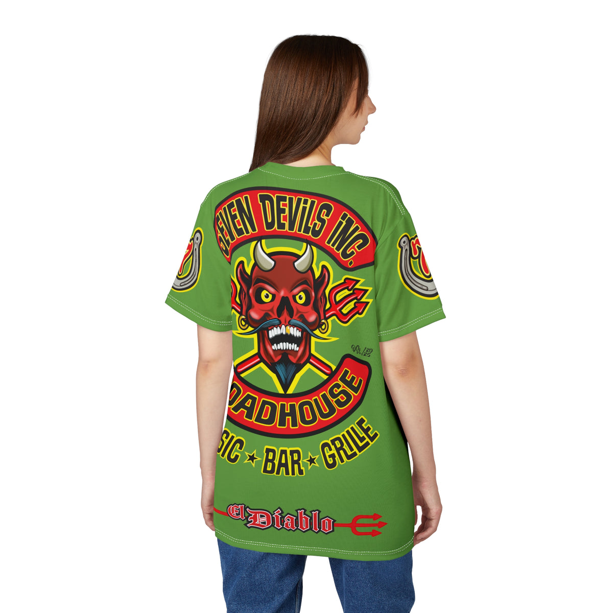 Seven Devils Inc. Roadhouse Electric Blue HiViz Design Super Tee, Edgy Biker Shirt, Special Motorcycle Riding Gear, Seven Devils Inc.