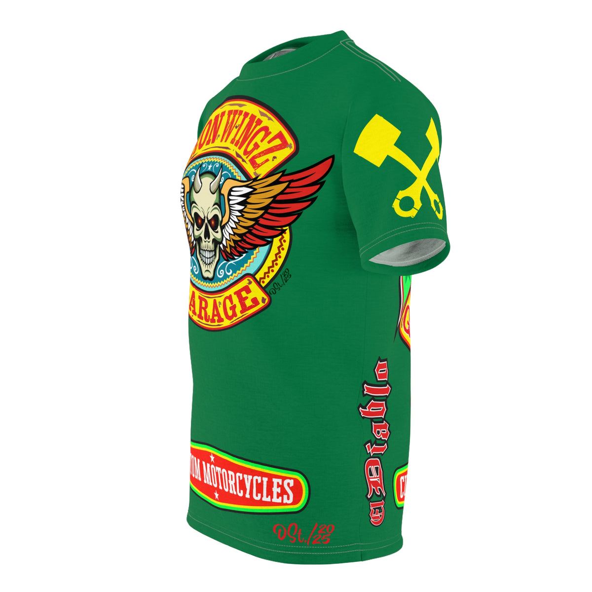 Iron Wingz Garage HiViz Tee, Vuntage Graphic Logo, Rockabilly Style Shirt for Bikers