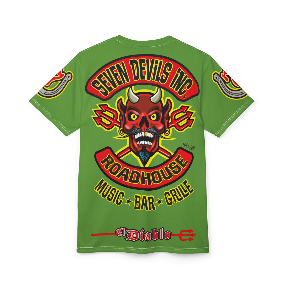 Seven Devils Inc. Roadhouse Electric Blue HiViz Design Super Tee, Edgy Biker Shirt, Special Motorcycle Riding Gear, Seven Devils Inc.