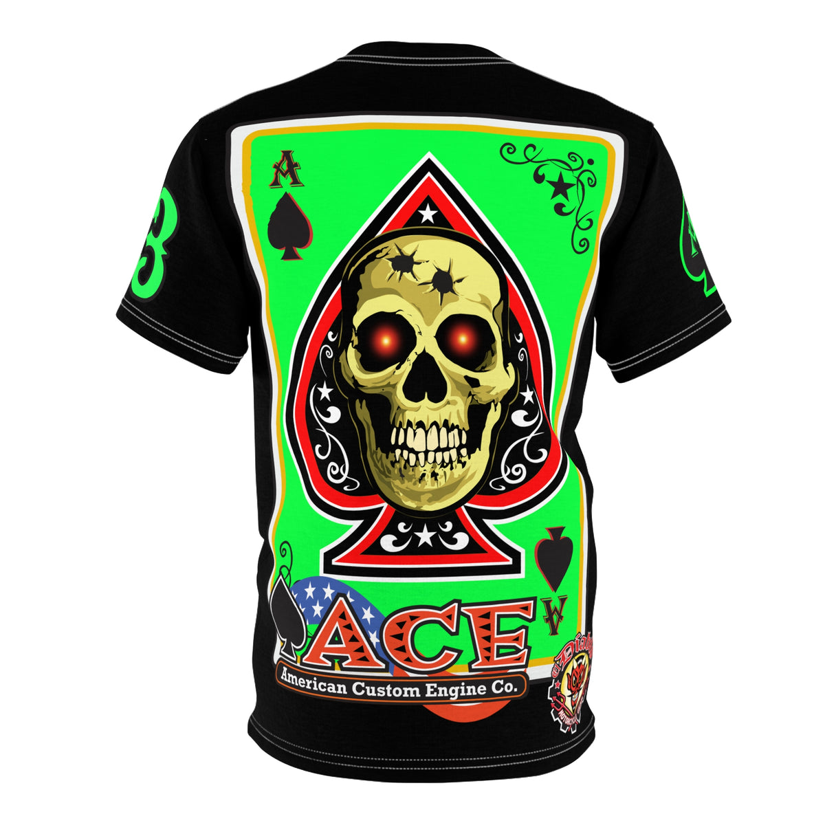American Custom Engines ACE - HiViz Custom Riding Tee - Features Full Back Lumina Green Ace of Spades