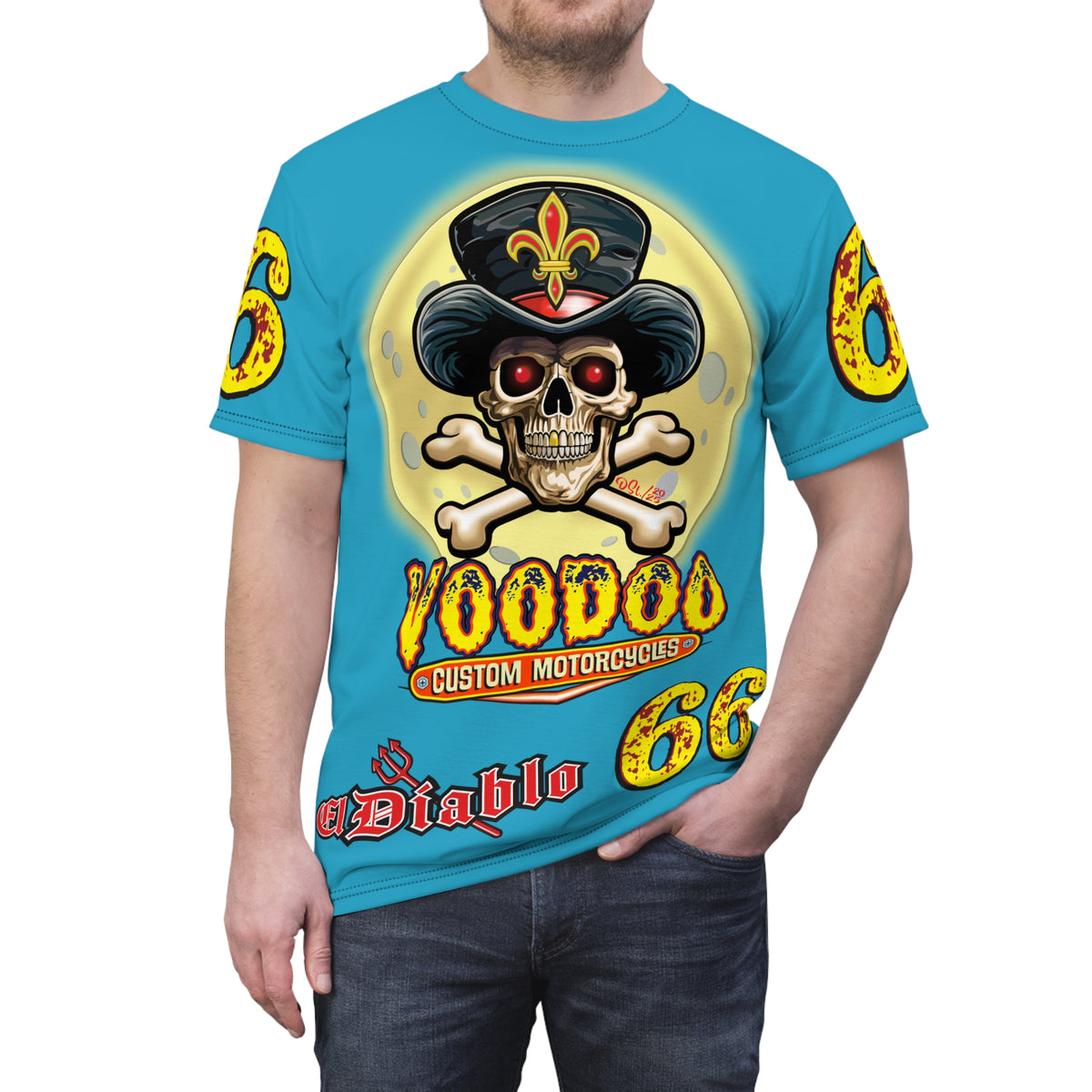 Voodoo Custom Motorcycles Electric Blue Unisex HiViz Tee, Edgy Graphic Shirt, Motorcycle Apparel, Skull T-Shirt, Perfect for Bikers