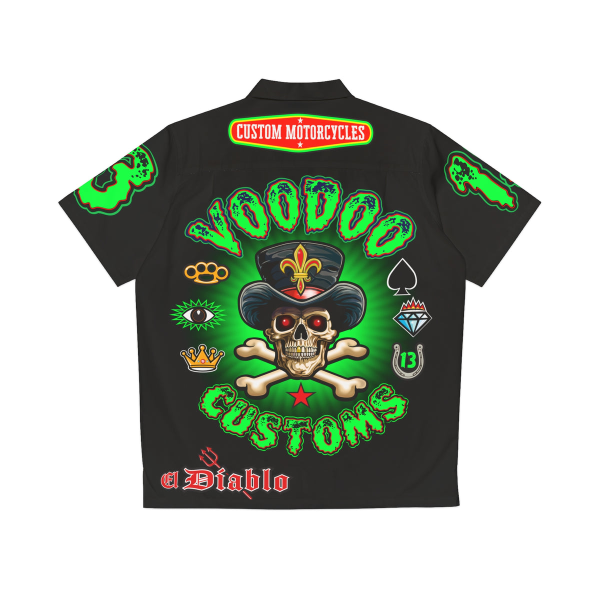 Big Bopper Voodoo Motorcycles HiViz Men's Hawaiian Shirt, Summer Biker Shirt, Motorcycle Apparel, Sizes to 5XL