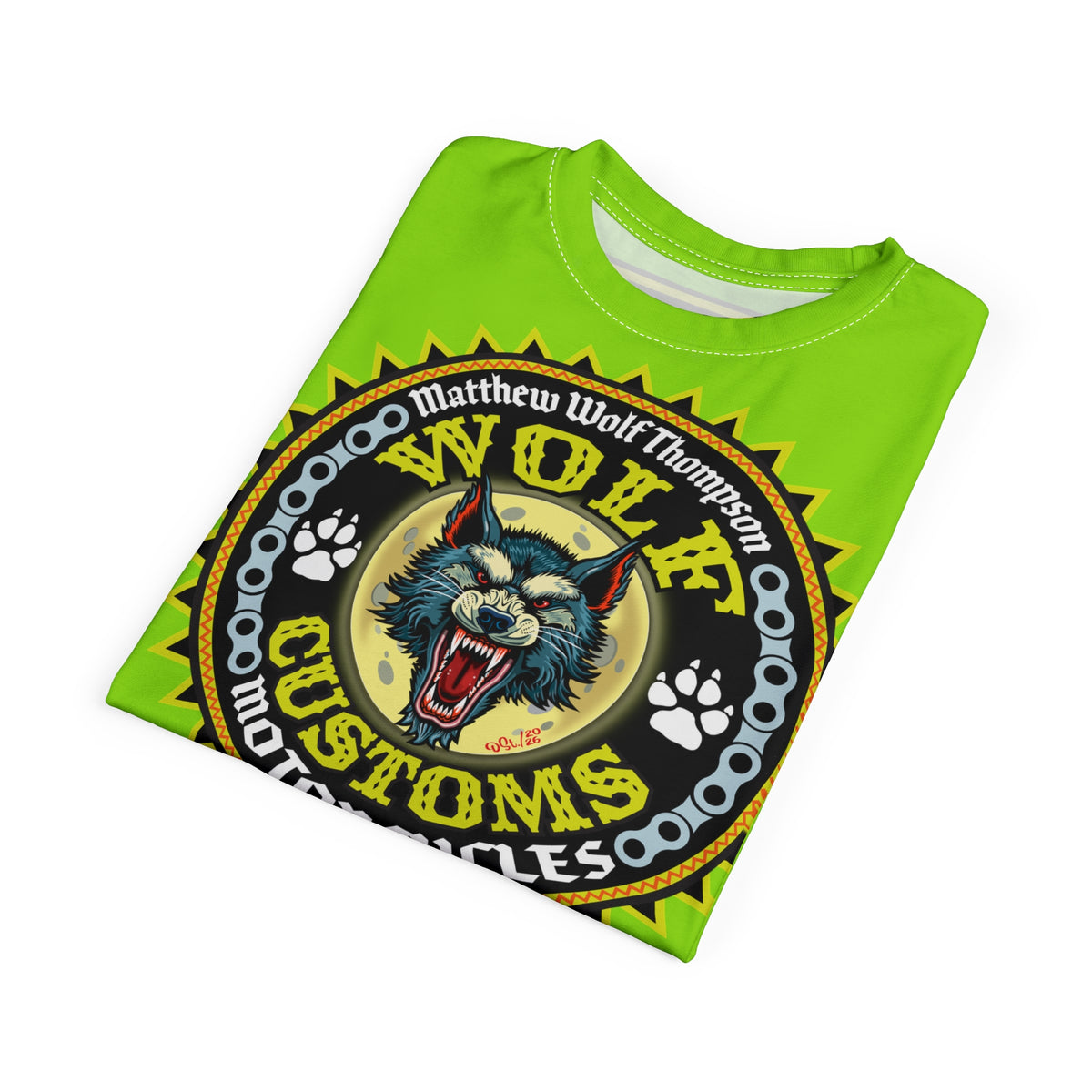 VERY SPECIAL MWT Wolf Customs HiViZ Lumina Green with XL Graphics Super Tee —  The Best Biker Riding Tee EVER !!!