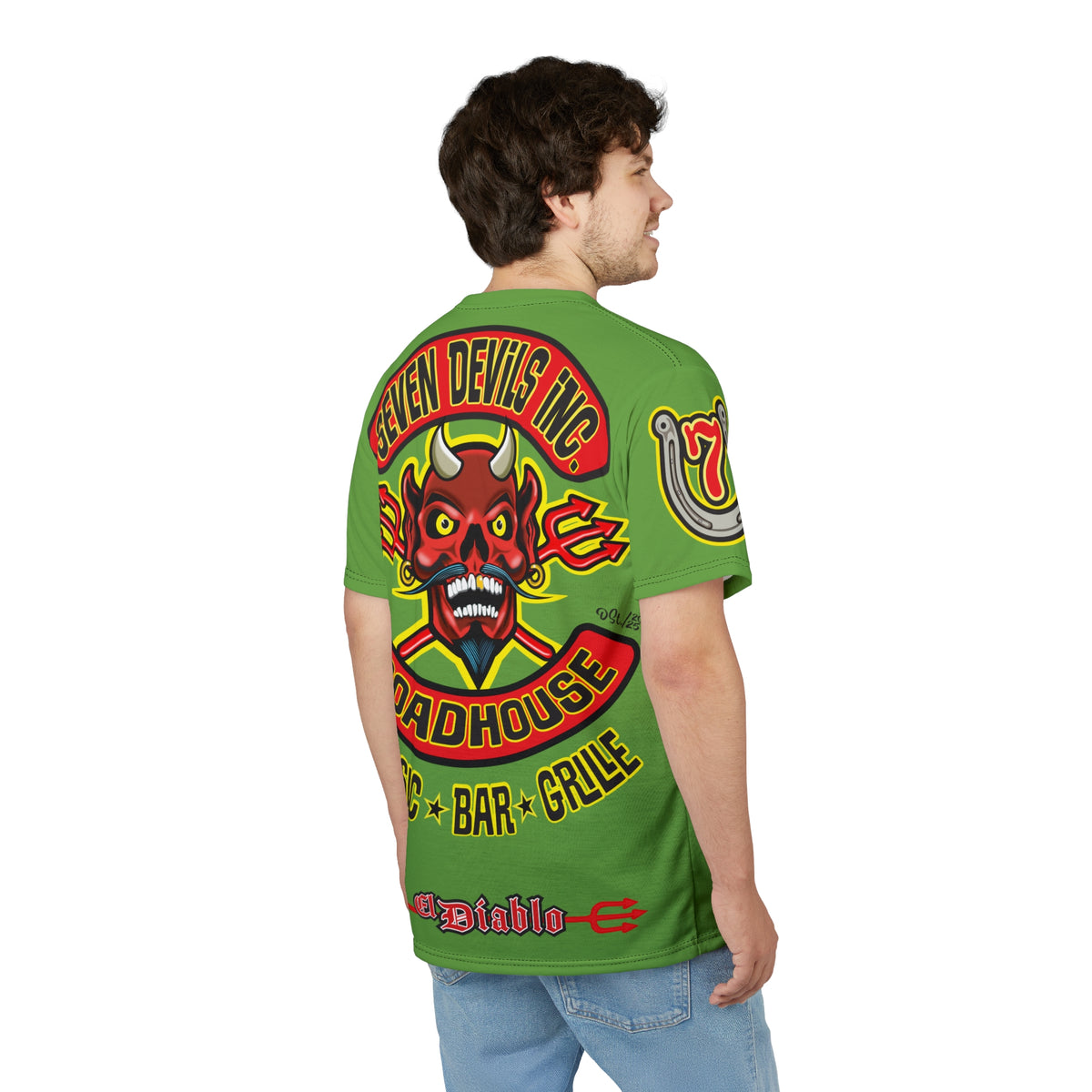 Seven Devils Inc. Roadhouse Electric Blue HiViz Design Super Tee, Edgy Biker Shirt, Special Motorcycle Riding Gear, Seven Devils Inc.
