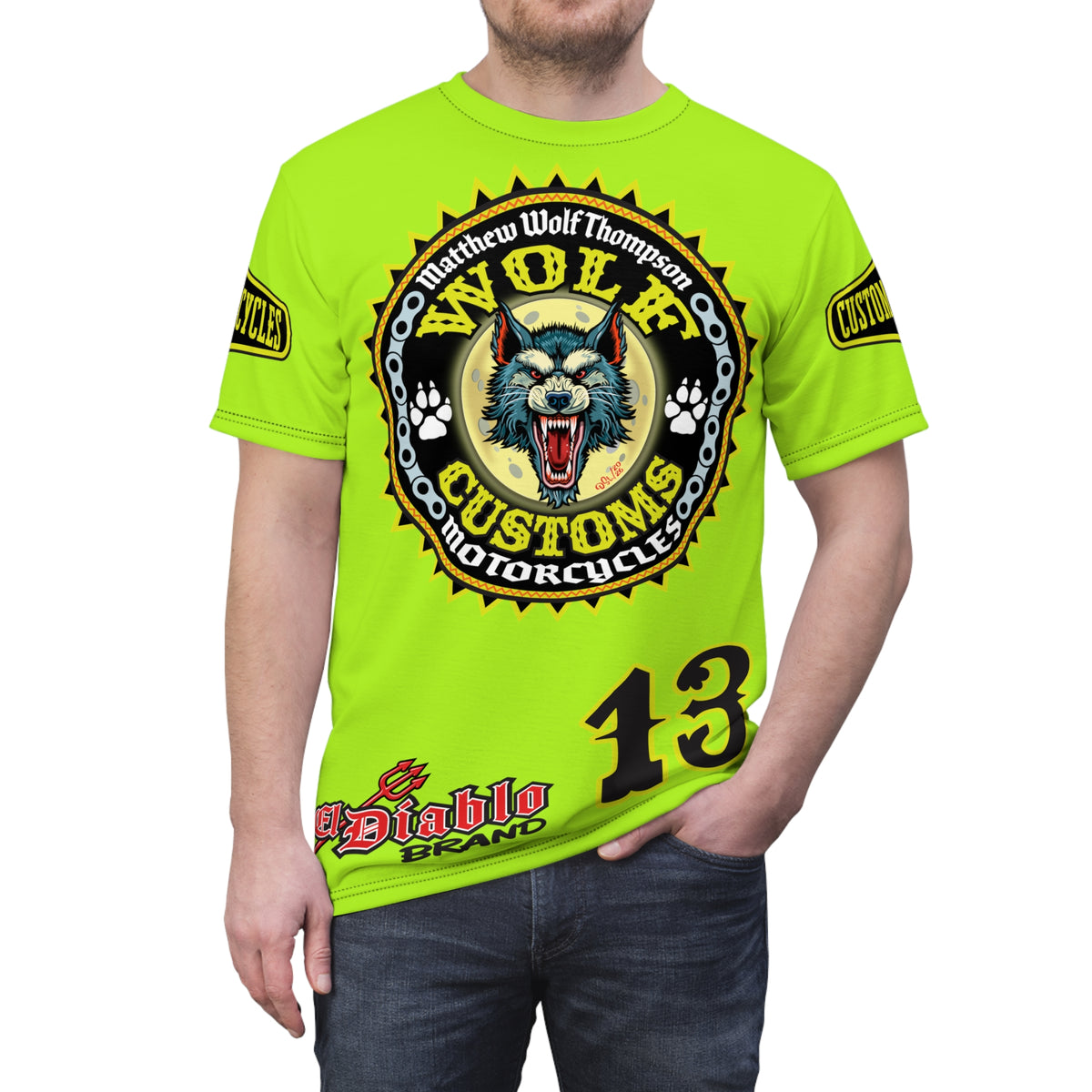 VERY SPECIAL MWT Wolf Customs Lumina Green XL HiViZ Graphics Super Tee —  The Best Biker Riding Tee EVER !!!
