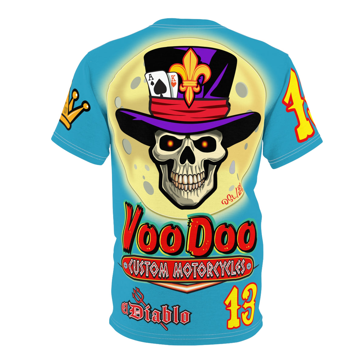 VooDoo Custom Motorcycles Electric Blue HiViz Graphics Biker Tee