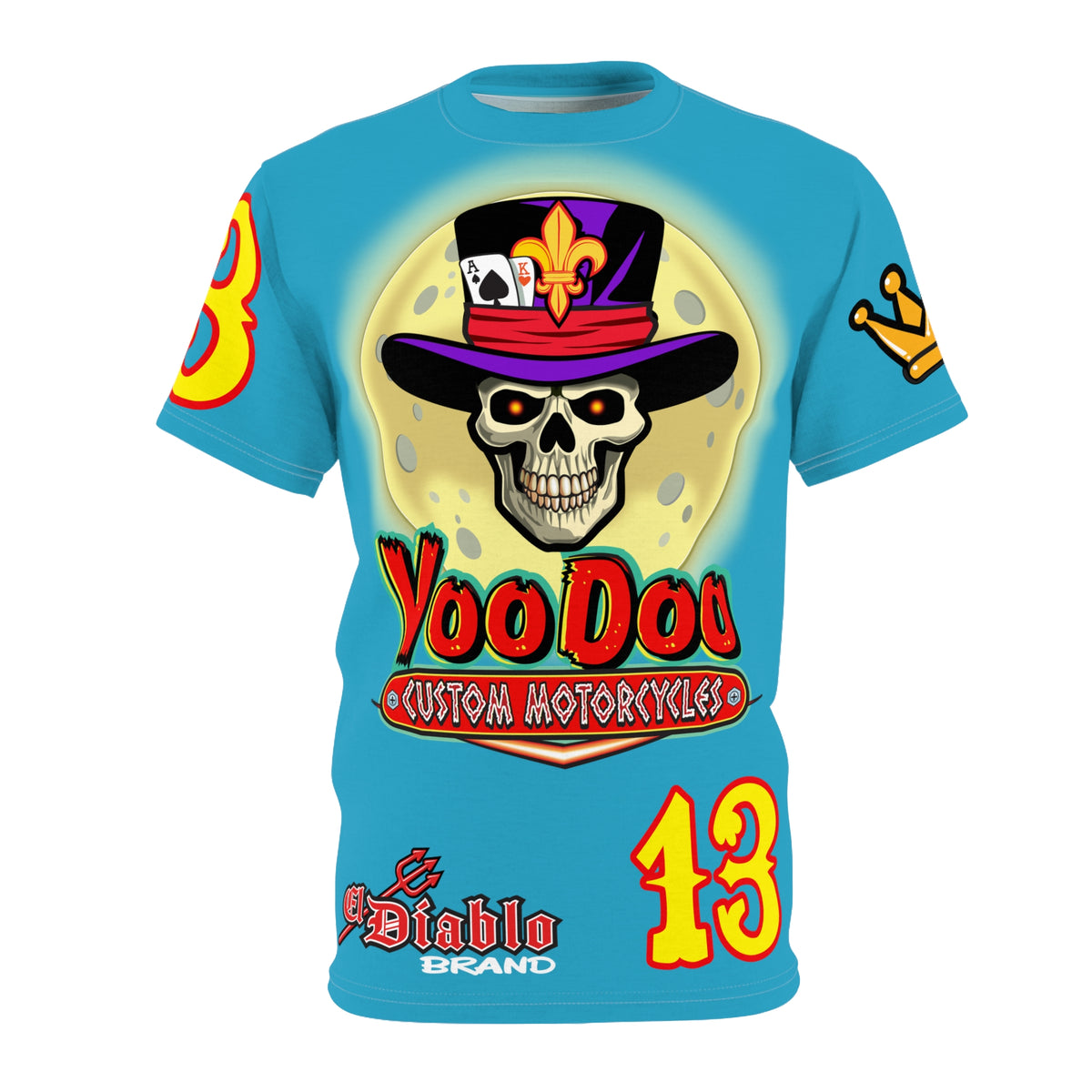 VooDoo Custom Motorcycles Electric Blue HiViz Graphics Biker Tee