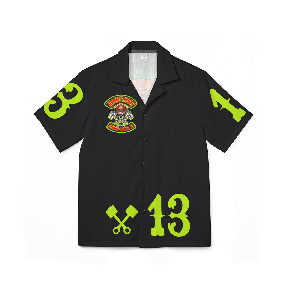 Big Bopper Hammerheads Union 13 - Men's Hawaiian Camp Shirt with Bold Graphics,  Cool Loose Biker Shirt for Riding & Partying