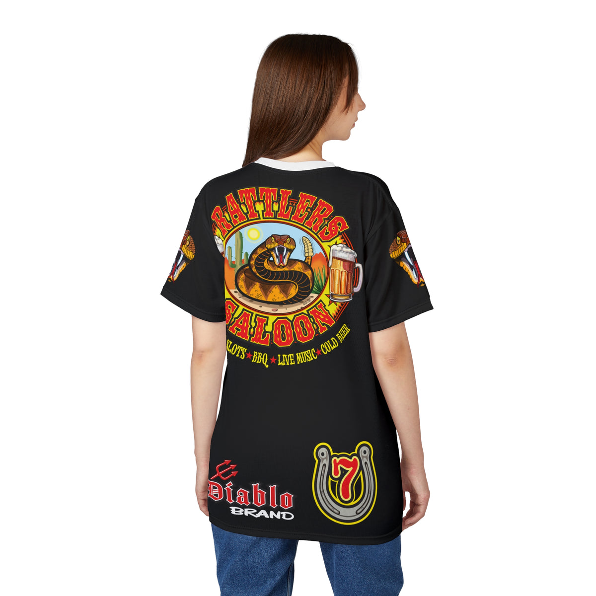 Rattlers Saloon  BADAZZ BLACK SUPER RIDING TEE — Vintage Biker LUCKY 7 Graphic Shirt