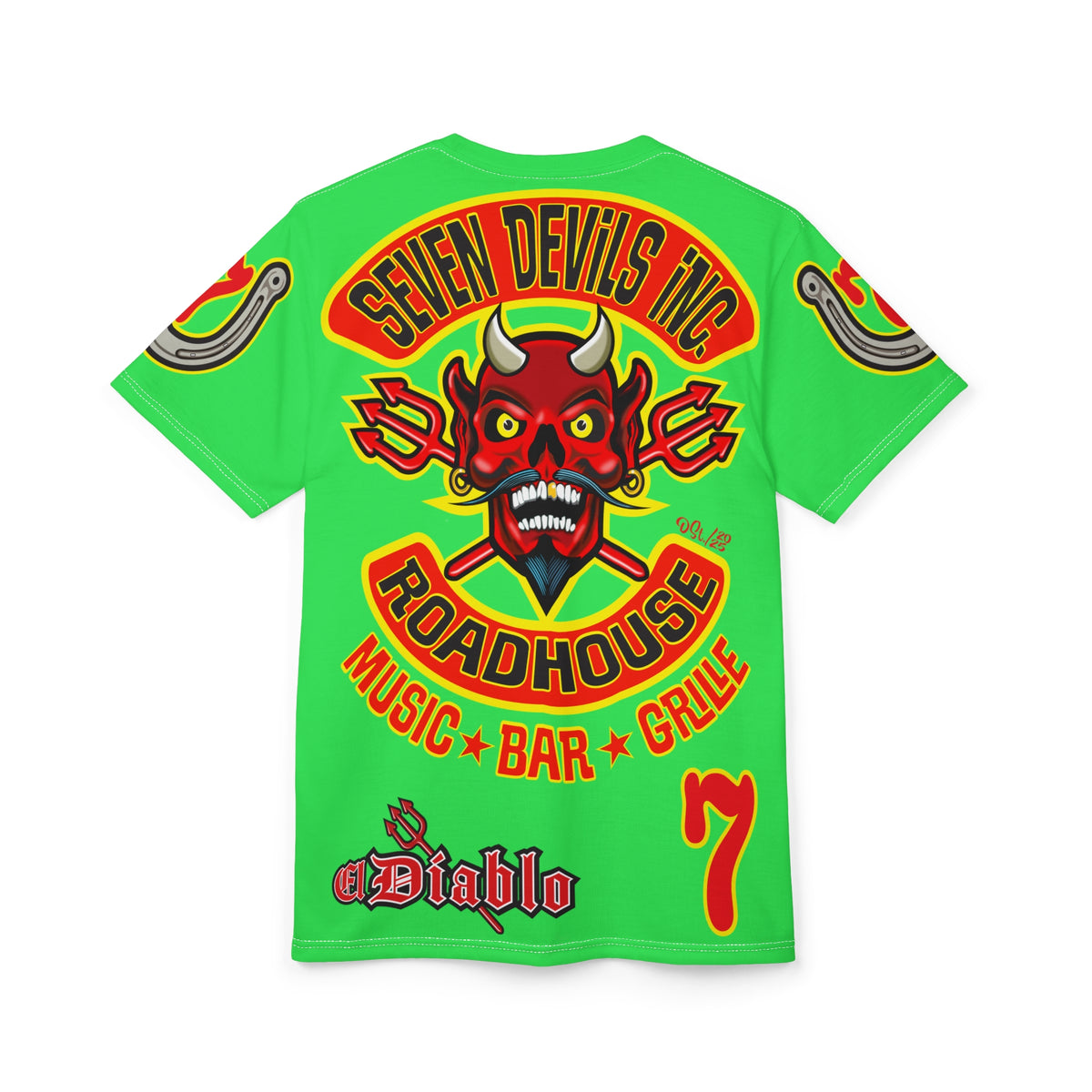 Very Special Seven Devils Inc. Roadhouse HiViZ Graphic Tee - Custom Motorcycle Riding Super Tee, Edgy Streetwear Perfect Fit & Comfort Biker Wear