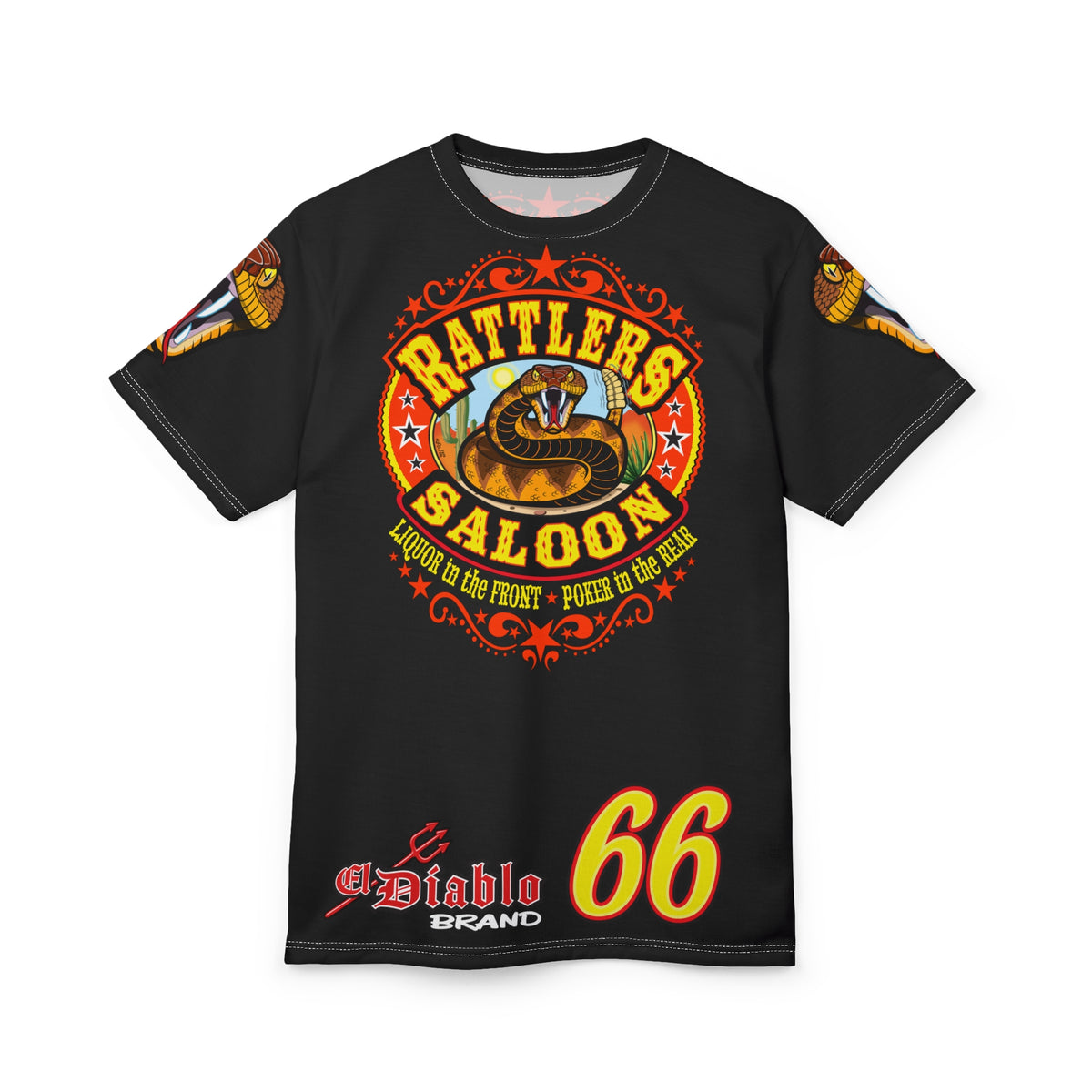 Rattlers Saloon Snake Logo Tee — Vintage Biker 66 Graphic Shirt